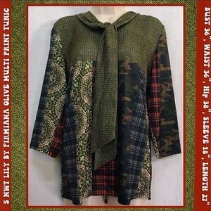 LILY BY FIRMIANA S NEW NWT NIB TUNIC OLIVE PLAID MULTI PRINTW TIE NECK DETAIL